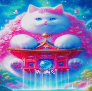 【A4】ネコ日本帝国 117 神社ぽっちゃり白猫 手描き&CG 絵画イラストオリジナル原画 Cat Empire Shrine chubby white cat Hand drawn art