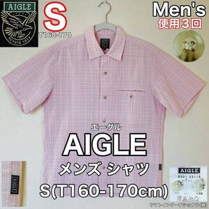 超美品 AIGLE(エーグル)メンズ シャツ S(T160-170cm)使用3回 ピンク 半袖 アウトドア スポーツ ヤマトインターナショナル(株) チェック