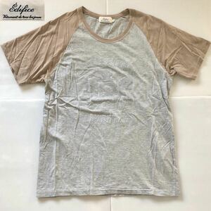 見頃切替★フロッキープリント Tシャツ ラグランスリーブ / EDIFICE★半袖 ライトグレー × ブラウン エディフィス LONDON ENGLISH ROSE