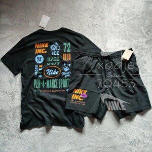 新品 正規品 NIKE ナイキ上下セット Tシャツ ハーフパンツ ロゴ プリント セットアップ NIKE INC 黒 ブラック マルチ XL