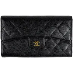 シャネル CHANEL ココマーク 三つ折り 長財布 マトラッセ 長財布 キャビアスキン ブラック レディース 【中古】