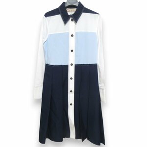 美品 MARNI マルニ Pleated Color Block Crepe Midi Dress ミモレ丈 シャツドレス ワンピース 42 ネイビー系 マルチカラー ◆