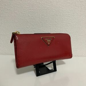 PRADA プラダ　 ゴールド金具 三角プレート ラウンドファスナー　L字ファスナー　 長財布　赤系