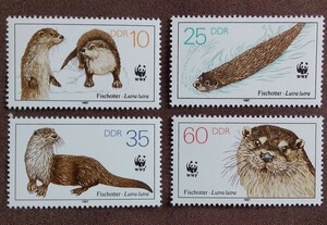 東ドイツ　1987 ヨーロッパカワウソ　4完 保護動物　生き物　生物　WWF DDR 国際自然保護基金　未使用糊あり