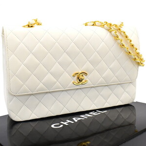 1円 ◎外側新品同様 CHANEL シャネル チェーンショルダーバッグ シングルフラップ マトラッセ レザー ホワイト◎K.Dsl.tI-dsm09