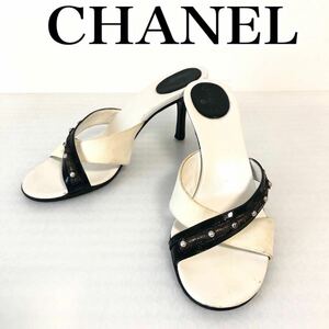 CHANEL シャネル　サンダル　ヒール　ココマーク　レザー　イタリア製　ホワイト×ブラック　サイズ36.5C 22.5〜23cm