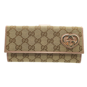 未使用 グッチ ラブリーハート 245723 GGキャンバス レザー ベージュ パープル 紫 Wホック長財布 財布 0474 GUCCI