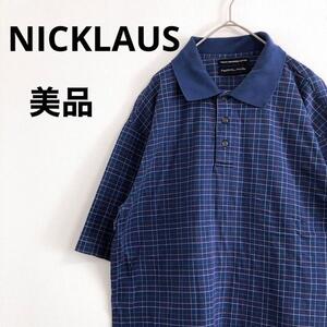 【美品】NICKLAUS　半袖シャツ　チェック　ブルー　ネイビー　ヴィンテージL