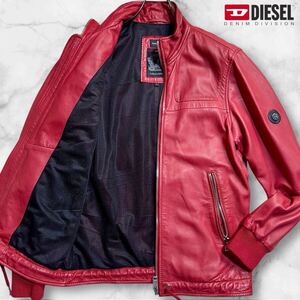 希少色/極美品●DIESEL ディーゼル ラムレザー シングル ライダース ジャケット ブルゾン ワッペン メッシュ パンチング 羊革 レッド M相当