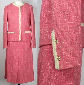 VINTAGE CHANEL PINK TWEED JACKET SKIRT SUIT size 34 シャネル ライオンボタン ツイード ジャケット スカート スーツ b8736