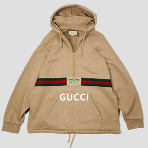 GUCCI グッチ ラベル ハーフジップ プルオーバー パーカー M ベージュ レディース ウェブ＆GUCCI 定価18.7万