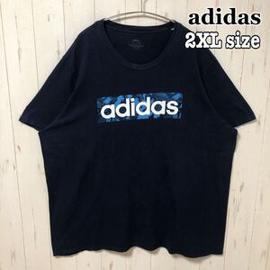 adidas アディダス Tシャツ 半袖 2XL メンズ オーバーサイズ ロゴ 紺色 ネイビー ビッグシルエット コットン プリント 古着 海外 輸入