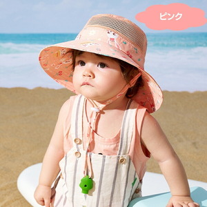 ピンク Lサイズ 子供用 ベビー 帽子 ハット 日焼け防止 紫外線 首ひも 海水浴 プール 笛付 あご紐 UPF50 紫外線防止 メッシュ