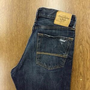 【FF402】Abercrombie&Fitch W32 L34 色落ち加工 ダメージ加工 ジーンズ デニムパンツ 裾再現仕上げ ブランド古着 アバクロ 送料無料