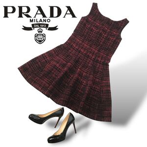 s119 良品 PRADA 2014 プラダ ニット ノースリーブ ワンピース　チェック柄 38S イタリア製 フレア ドレス 赤 黒 フォーマル 正規品