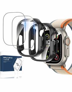 Apple Watch Ultra 2/Apple Watch Ultra 49mm 專用 ケース ブラック (2枚) + ガラスフィルム (2枚) 対応 AGC旭硝子素材製