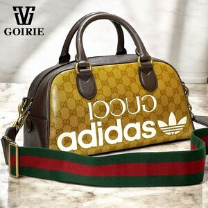 【限定品/極美品】GUCCI adidas グッチ×アディダス 2WAYショルダーバッグ シェリーライン GG柄 ミニボストン 本革 PVC レザー 黄 茶