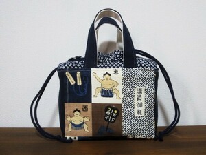 ＊ハンドメイド＊ かわいいお相撲さん!(^^)!コンパクトなお弁当バッグ ミニランチバッグ 巾着バッグ かわいい!(^^)!和柄　おにぎりポーチ 