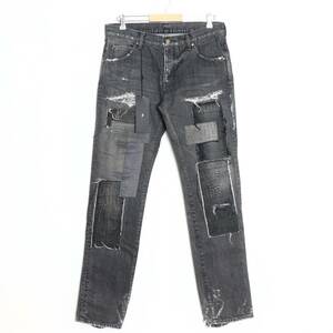 1piu1uguale3 ULTIMATE DENIM CRASH デニムパンツ V ストレート クラッシュ加工 リペア パッチワーク 刺し子 カスタム ブラックデニム AKM