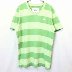 Abercrombie＆Fitch アバクロンビーアンドフィッチ XL メンズ Tシャツ カットソー ボーダー ロゴ刺繍 Vネック 半袖 綿×ポリ 杢グリーン 緑