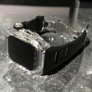 zc クリア シルバー ブラック★アップルウォッチバンド ラバーベルト カバー　Apple Watch クリア ケース 44mm 45mm