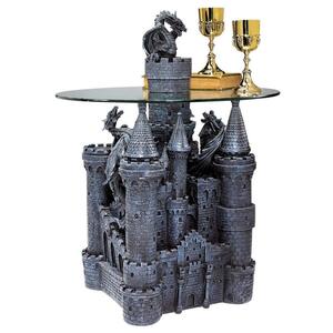 中世の城とドラゴンのガラステーブル　中世ヨーロッパのお城デザイン家具竜ホームデコ彫刻装飾インテリア装飾品西洋彫刻洋風オブジェ調度品