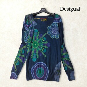 35 【Desigual】 デシグアル 総柄 ニット チュニック L ネイビー 紺色 総柄 曼荼羅 薄手 刺繍 個性的 スパンコール 春 秋 冬 長袖 派手