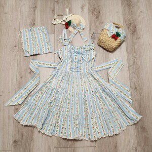 難あり Blue velvet ストロベリーストライプジャンパースカート&ハット&カゴバッグ&巾着４点 Angelic Pretty BABY 