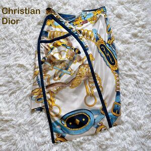 1円〜【超希少】Christian Dior クリスチャンディオール タイトスカート シルク100 ロゴボタン ゴールド US8 L相当 総柄 ミモレ丈 デニム地