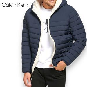 新品 Calvin Klein カルバンクライン 中綿ダウンジャケット ブラック ネイビー 紺 ダウンコート コート L BTS ジョングク ボアジャケット