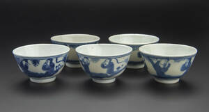 清 青花人物紋杯 5客 煎茶道具 中国 古美術