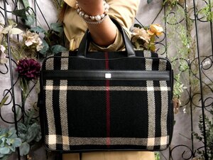 ●超美品●BURBERRY バーバリー●ハウスチェック●ウール カーフ レザー●ビジネス ハンド バッグ●黒 赤 ベージュ●SV金具●A4●Js5310