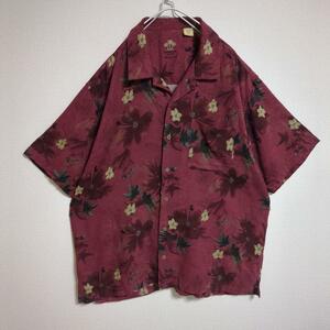 アロハシャツ 花柄 ボタニカル ウッドボタン オープンカラー エンジ XL