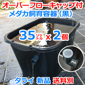 メダカ飼育容器【35㍑ 黒x2個 オーバーフローキャップ付】送料別 メダカ飼育ケース 金魚屋外水槽 ビオトープ 水槽 睡蓮 越冬【五色アクア】