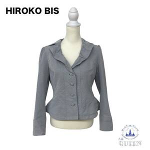 ☆美品 HIROKO BIS ヒロコビス ジャケット アウター テーラードジャケット 長袖 フリルネック 大きめサイズ レディース グレー 11 a23