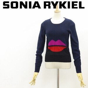 ◆SONIA RYKIEL ソニアリキエル カシミヤ100％ リップ柄 ニット セーター 紺 ネイビー×ブラック 40