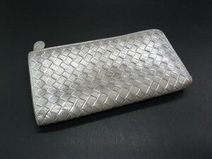 ■美品■ BOTTEGA VENETA ボッテガヴェネタ イントレチャート レザー L字ファスナー 長財布 ウォレット シルバー系 DG7101