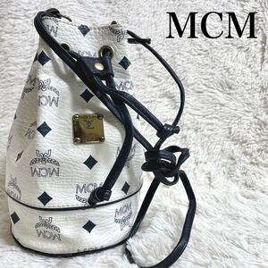 美品 希少 MCM ヴィセトス 巾着 ショルダーバッグ ホワイト PVC レザー