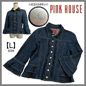 PINKHOUSE ピンクハウス デニムジャケット Gジャン アウター フリルデザイン ロゴ入りボタン おしゃれ スタイルアップ インディゴ L