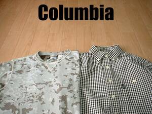 即戦力2着セットColumbiaカモフラ迷彩サーマルTシャツ&ギンガムチェックシャツ半袖&長袖S正規PM6896コロンビアPM7823美品アウトドアOUTDOOR