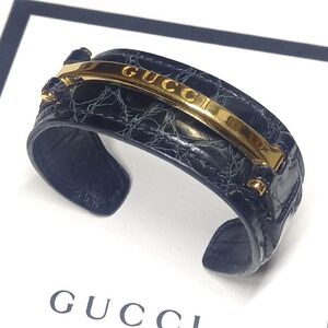 GUCCI グッチ ブレスレット バングル ワイド クロコ型押し ブラック×ゴールド金具 ヴィンテージ