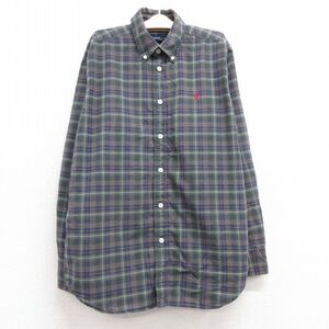 古着 ラルフローレン 長袖 ブランド シャツ キッズ ボーイズ 子供服 90s ワンポイントロゴ コットン ボタンダウン 緑他 グリーン チェック