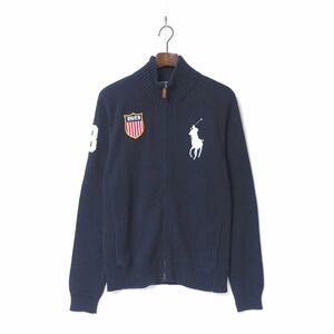 MG5255□ポロラルフローレン/Polo by Ralph Lauren*メンズM*長袖ジップアップカーディガン*コットンニット*ビッグポニー*紺系