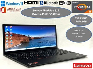 美品 ノートパソコン 15型 Lenovo ThinkPad E15 Gen 2 AMD【Ryzen5+SSD256GB+8GB】★Win11Pro+Office2021★Webカメラ テンキー USB-C WIFI6
