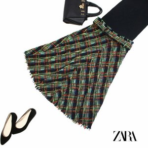 美品 ZARA woman ザラ 上品 ロング丈 ベルト付き きれい色 フリンジ フレア ミックスツイードスカート マキシスカート M 9号 グリーン 緑