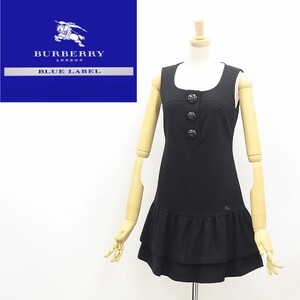 美品◆BURBERRY BLUE LABEL バーバリー ブルーレーベル ストレッチ ウール ロゴ刺繍 ギャザー 切替 ノースリーブ ワンピース ブラック 36