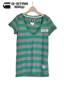 G-star Raw Women ジースターロゥ 半袖ボーダーTシャツ　RAW DENIM　GREEN/GLY　Vネック　Sサイズ　ショートスリーブ