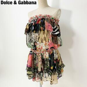 【美品/定価25万】Dolce & Gabbana ドルチェアンドガッバーナ チュニック ドレス ワンピース シルク S 総柄 フリル アーカイブ ティアード