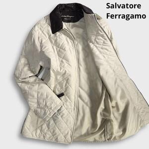 美品 50 SALVATORE FERRAGAMO サルヴァトーレフェラガモ レザートリム キルティングジャケット XXL アイボリー ブラウン メンズ