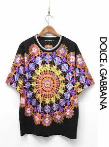 HGC-C328/新品同様 22SS 黒タグ DOLCE&GABBANA 半袖Tシャツ 総柄 イルミネーション サイケデリック ロゴプレート クルーネック 48 M 黒